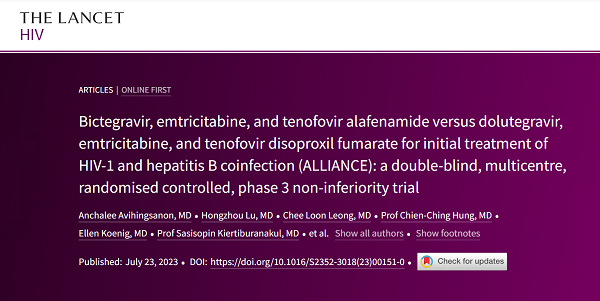 Bictegravir, emtricitabine, and tenofovir alafenamide versus dolutegravir, emtricitabine, and tenofovir disoproxil fumarate for initial treatment of HIV-1 and hepatitis B coinfection (ALLIANCE): a double-blind, multicentre, randomised controlled, phase 3 non-inferiority trialAvihingsanon A et al.
